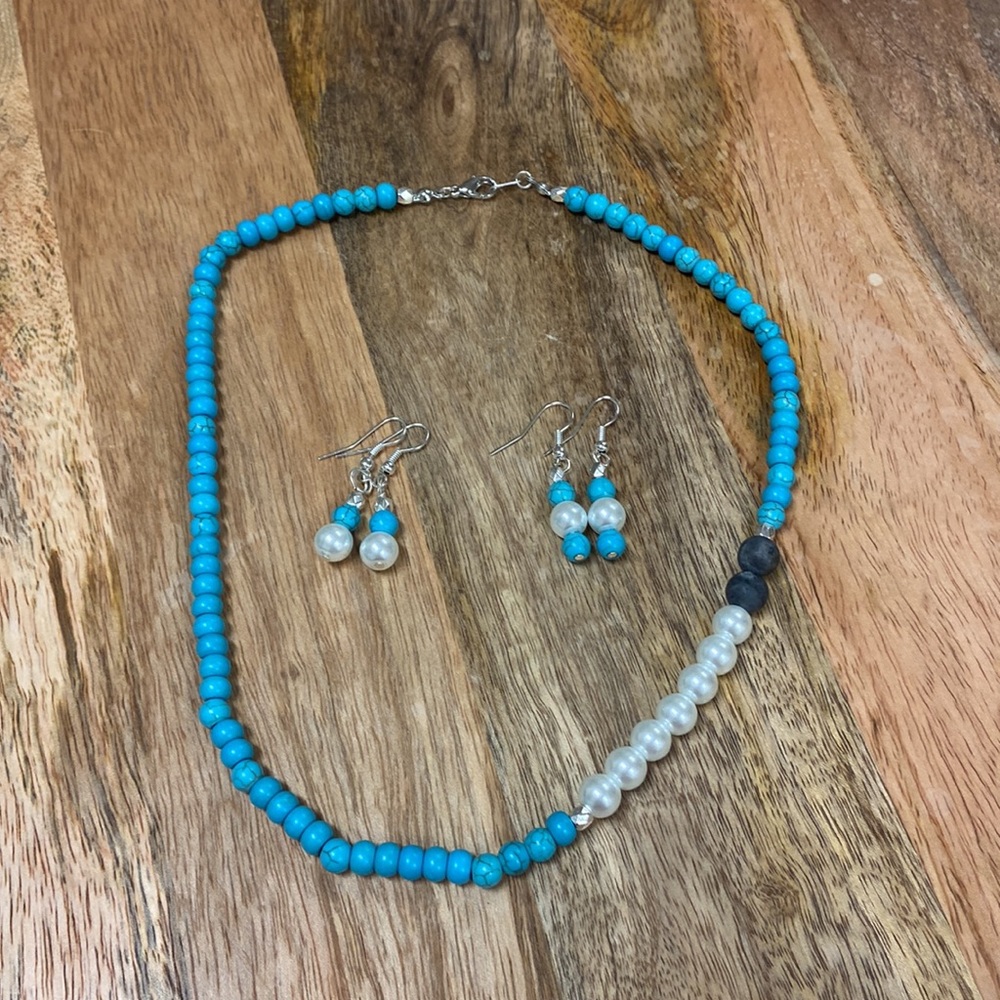 Turquoise, Pearl, and Laborite Necklace w/ 2 earring sets - handmade